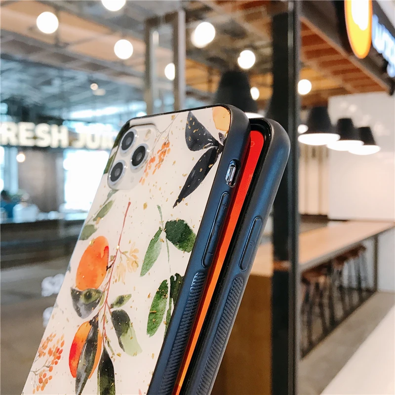 New Painted Gold Foil Silicon Case For iPhone 14 13 12 11 Pro Xs Max SE XR X 6 6s 7 8 Plus Glitter Fruit Orange Soft Cases Cover