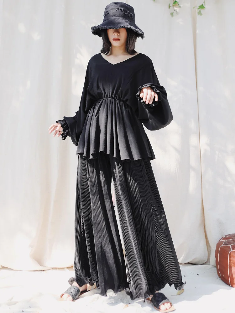 

LANMREM can ship fashion High Waist Floor trousers black trousers for Woman Satin pleated loose wide leg pants 2021 new YH989