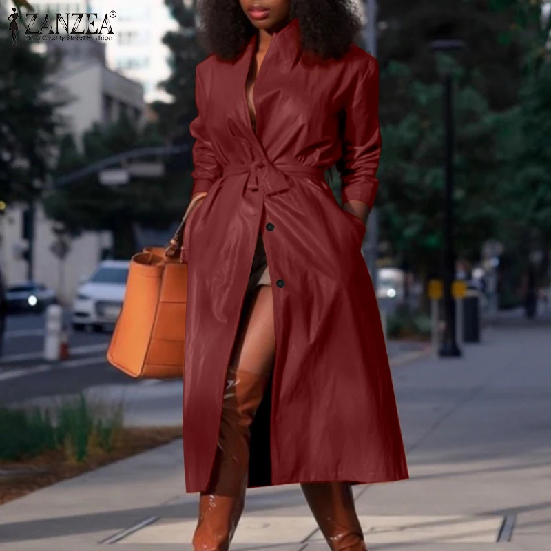 

Fashion Casual Women Faux Leather Trench 2022 Spring Autumn OL PU Long Sleeve Belted Outwears ZANZEA Solid Loose Oversized Coats