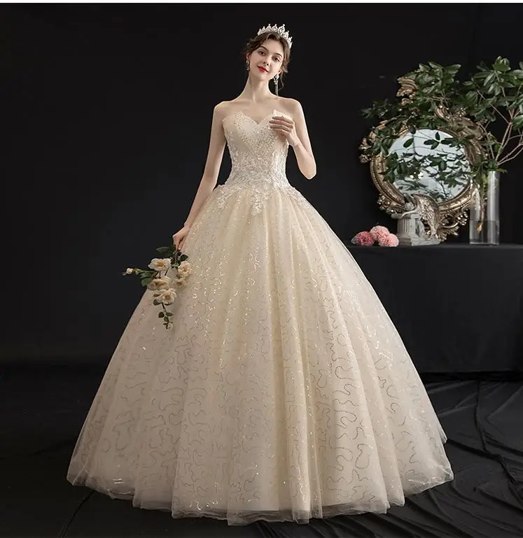 

2023 New Shining Beading Lace Strapless Wedding Dress Classic Embroidery Lace Up Slim Princess Wedding Gown Robe De Mariee
