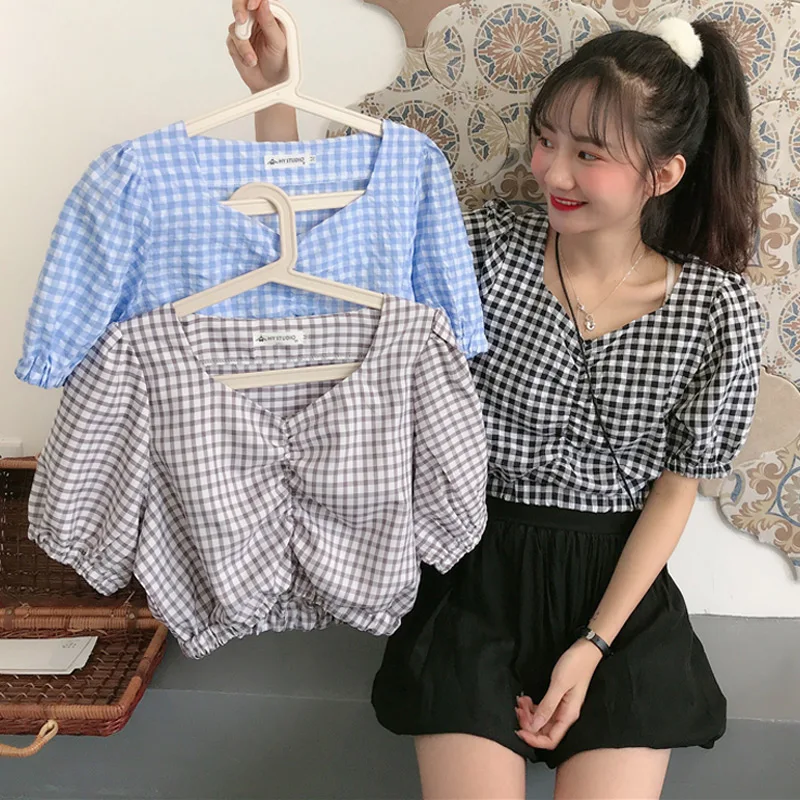 

Korean Slim 2020 Summer Crop Tops Women Vintage Plaid V-Neck Puff Sleeve Short T-Shirt Female T Shirts S M