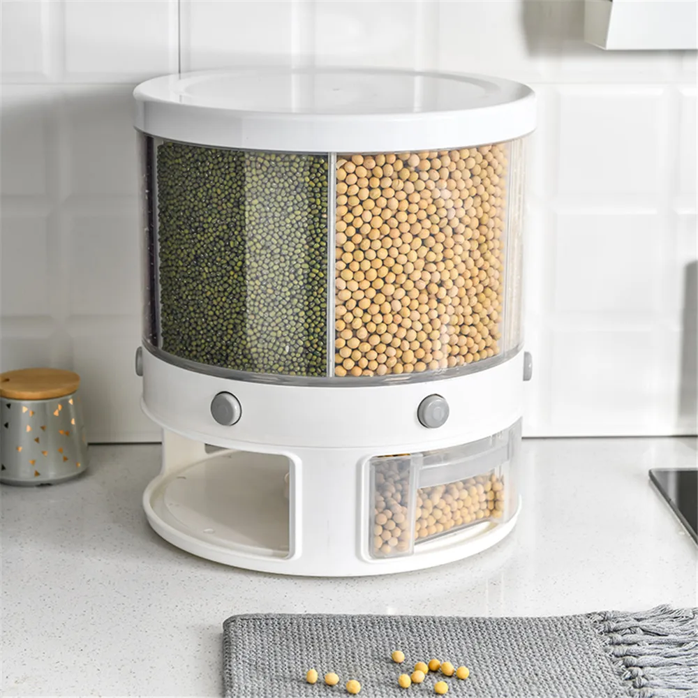 

10KG Kitchen Food Storage Container Rotating Cans For Bulk Cereals Moisture Insect Proof Grain Organizer Box Separat Rice Bucket