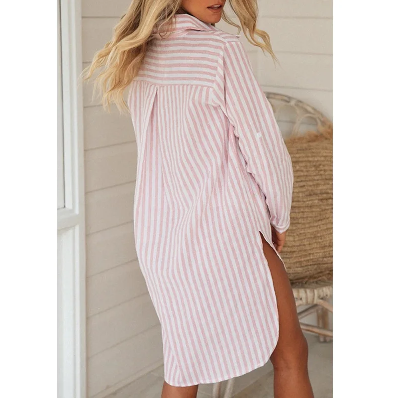

Foridol sexy slit stripe blouse shirt women button casual office ladies long shirt pockets loose blouse tops autumn winter 2020