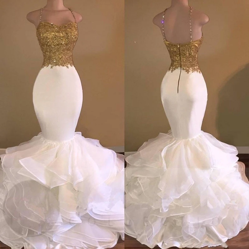 

Женское вечернее платье-русалка, золотистое и белое платье на тонких бретельках, с аппликацией, со шлейфом, для выпускного вечера, es 2020