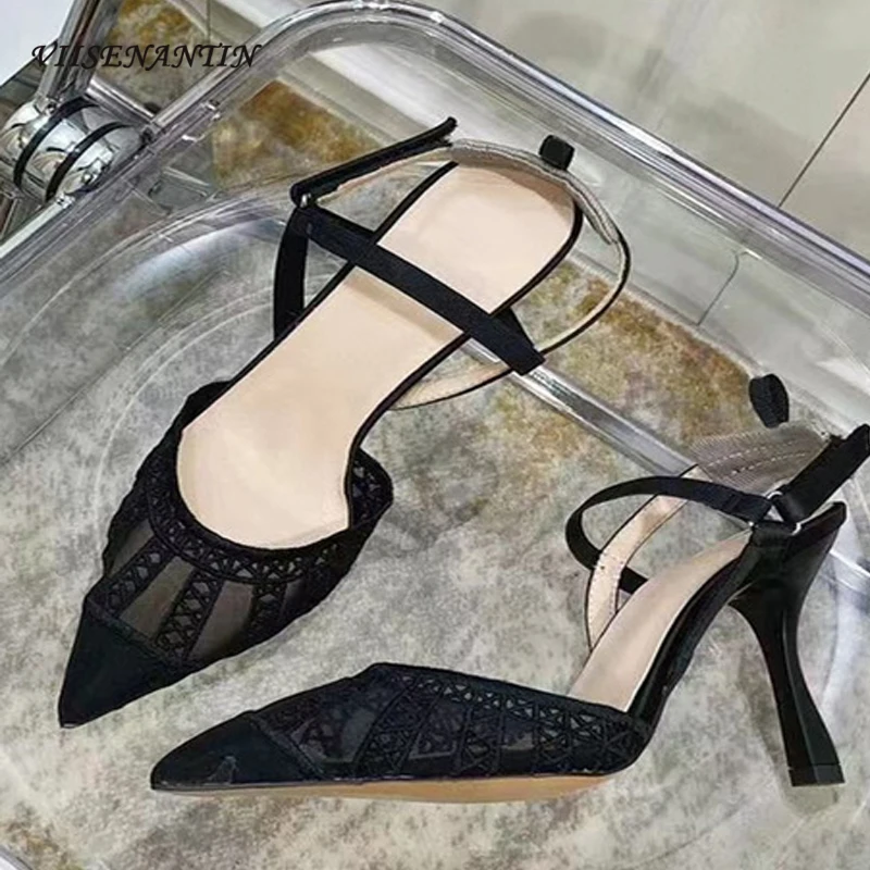 

Босоножки женские на шпильке, черные, с сеткой, с острым носком, на весну и лето