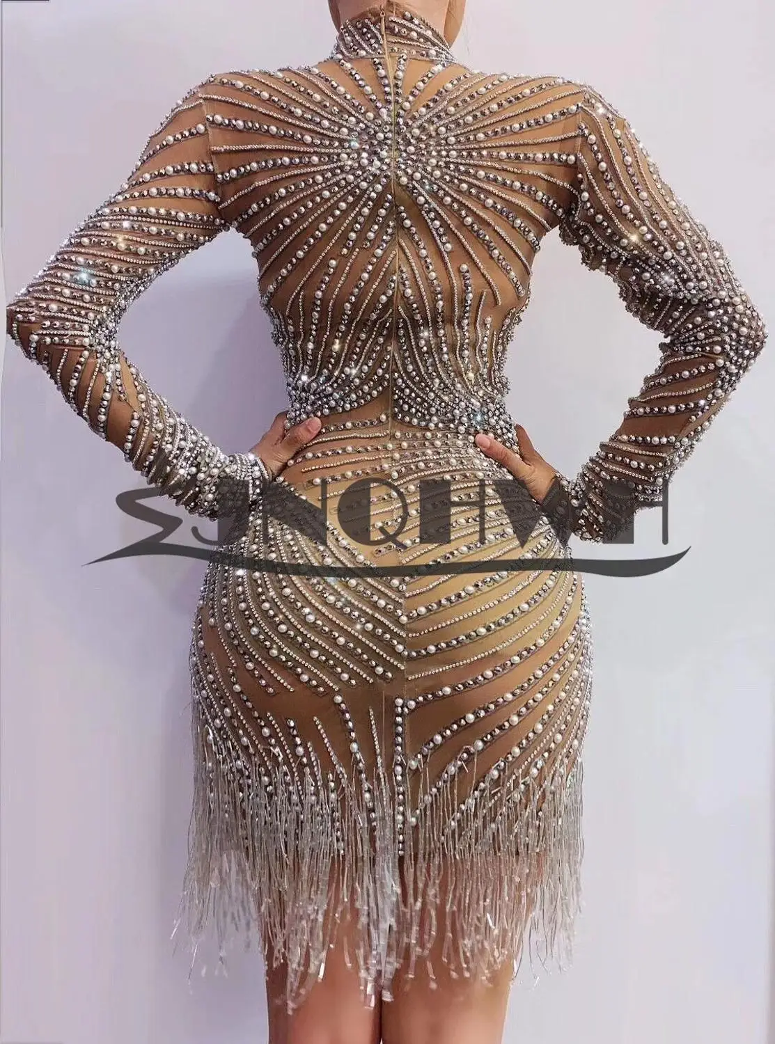 

2020 new summer khaki tassel round neck long sleeve Celebrity backless Sexy Evening Party Bodycon bandage dress wholesale