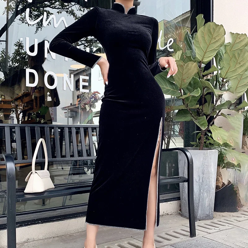 Готическое темно-черное готическое женское платье Cheongsam винтажное гранж Harajuku зима с длинным рукавом на молнии женские платья шикарные