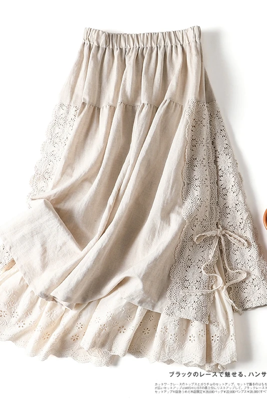 

Japanese Linen Belt Lined Skirt With Lining Belt Mori Girl Embroidery Elastic Waist Mid-Length A-Line Sweet Beauty Skirt