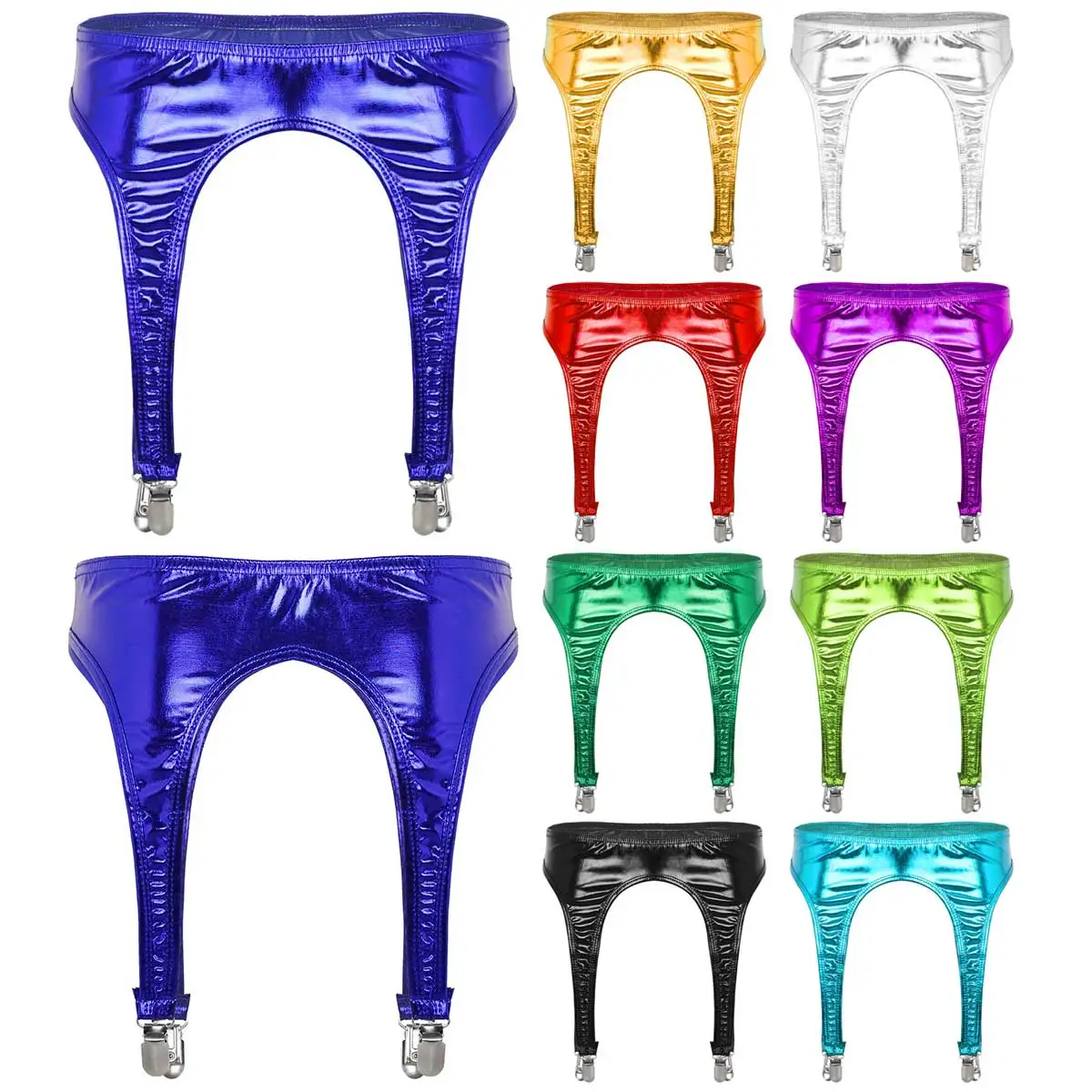 Women Shiny Metallic Garter Belt Stockings With Four Metal Duck-Mouth Clips Suspender For Thigh High Suspenders | Женская одежда