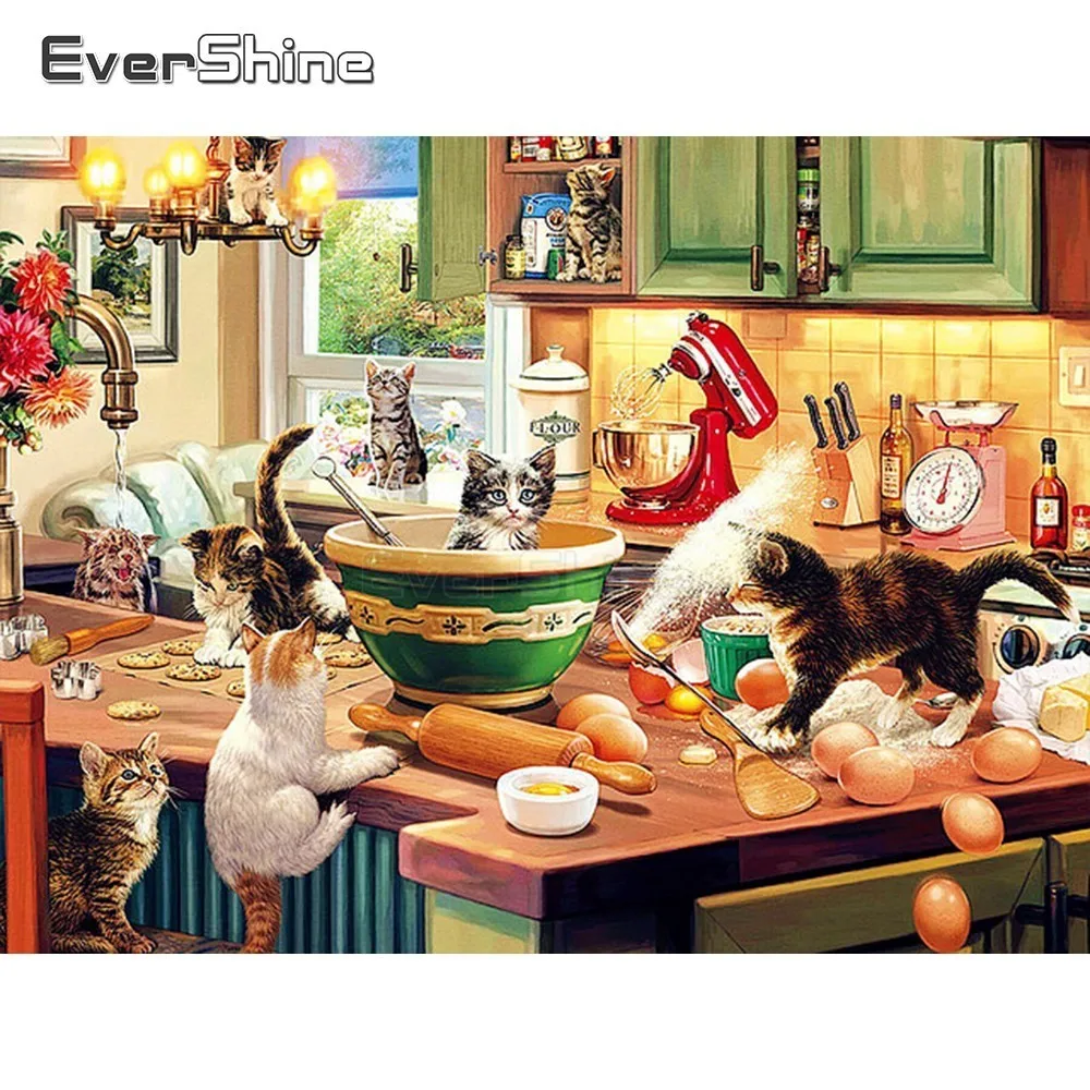 EverShine Diamond Painting Cartoon Cat Cross Stitch Embroidery Animals Picture Rhinestones Mosaic Kitchen Decor|Алмазная мозаика и