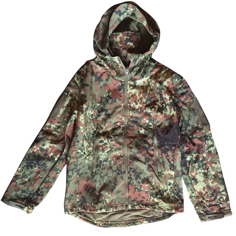 German Flecktarn Camo Military Uniform Jungle Combat Softshell Jacket TAD-fit Fleece Tactical Hooded Trench Coat