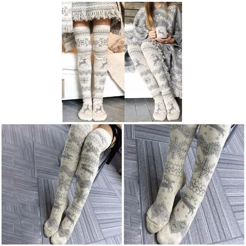 New Hot Women Christmas Knitted Stockings Thickened Thigh High Over Knee Long Snowflakes Elk Pattern Socks YAA99 | Женская одежда
