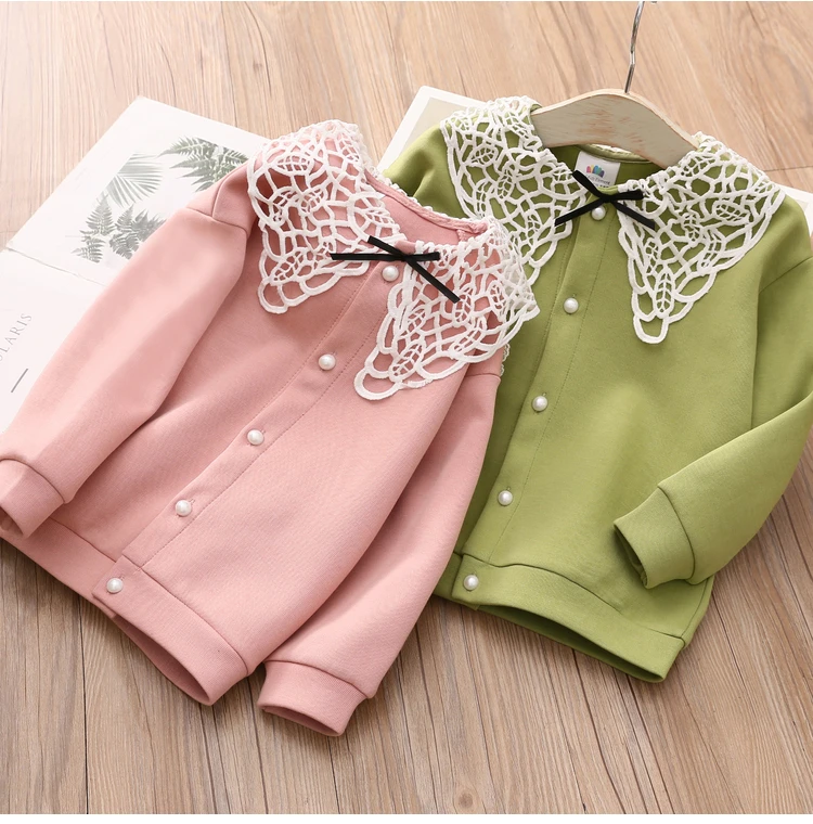 

Пальто для маленьких девочек, осеннее, От 2 до 7 лет, корейский однотонный кардиган с кружевным воротником для девочек, 2020