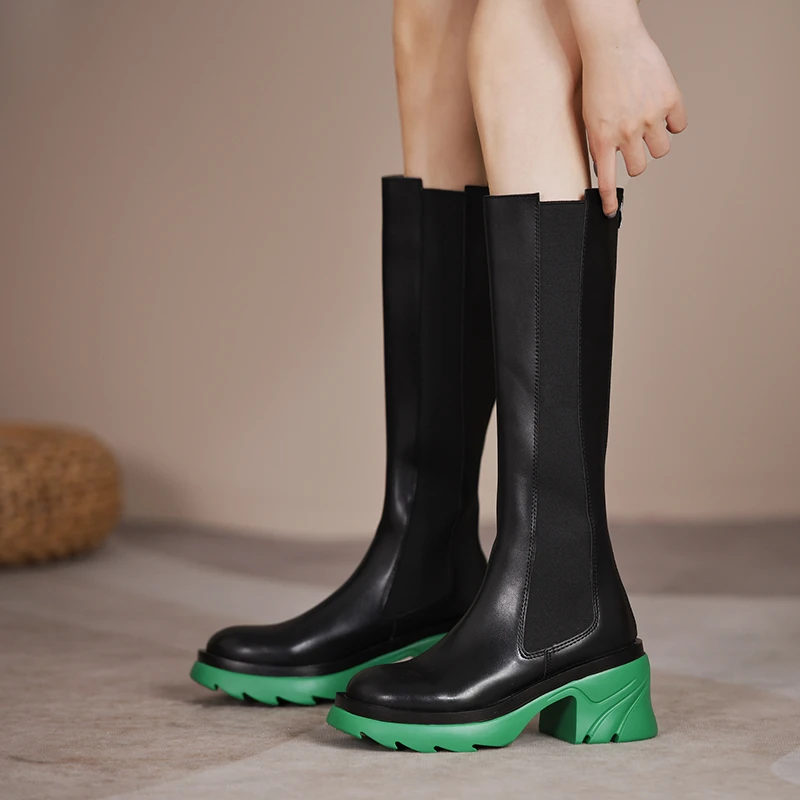 

Женские кожаные сапоги до колена с круглым носком, на молнии, на высоком каблуке