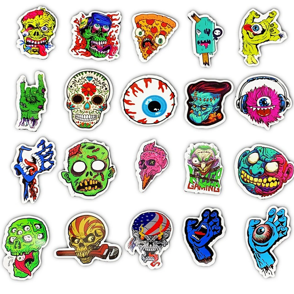 

50pcs Mixed Horror Skull Zombie Cartoon Stickers For Skateboard Motorcycle Fridge Guitar Laptop Suitcase Waterproof Fun Stickers