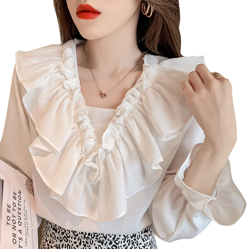 

Fashion Woman Blouses 2021 V-neck Ruffled Chiffon Shirt Female Long Sleeve Blusas Autimn Top Orange White Nancylim