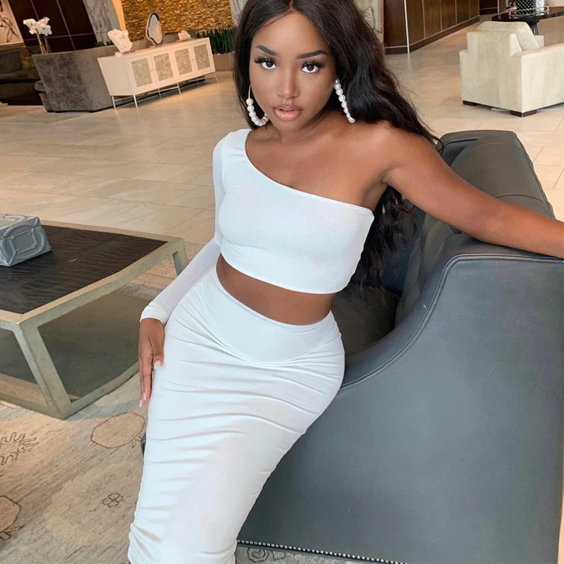 

Cutubly Sexy Club Long Sleeve Two Pieces Set One Shoulder Fashion Solid Women Top and Maxi Skirts Set Outfits Winter Clothes