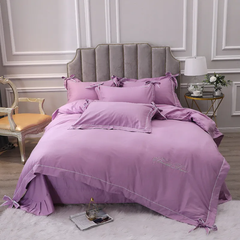 

HomeTextile White Wedding Duvet Cover Set Lace Up Bowknot Bedding Solid 100%Cotton Bed Linen Letter Embroidered Bedclothes King