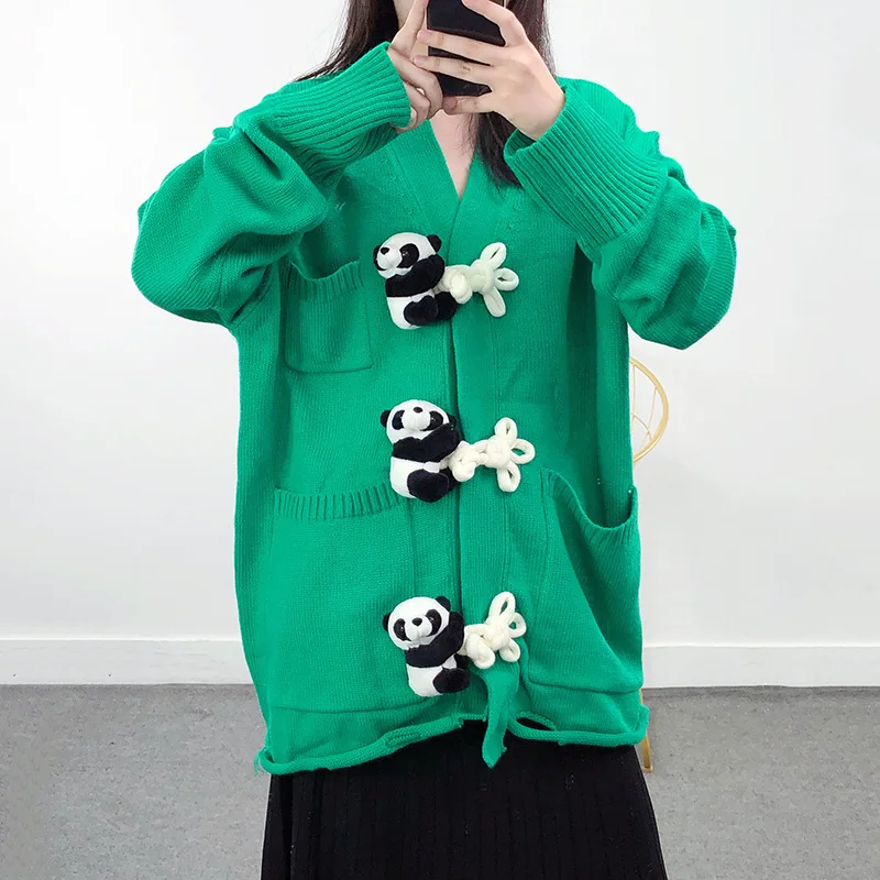

Fashion Panda Button-down Green Long Woman Cardigan Korea Kawaii Knit Tops For Girls V-neck Vintage Sweaters Ladies 2021 Winter