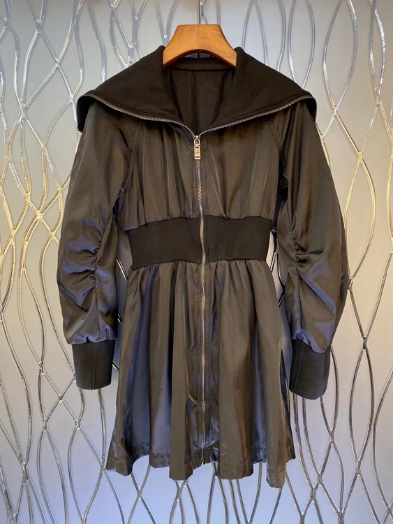 

2021 new women fashion knit stitching big lapel decoration zipper long sleeve waist waist dress 1008