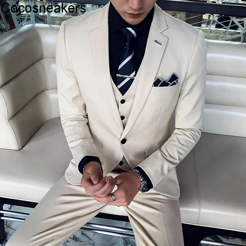 

Business casual men's suit three piece set British groom and best man dress Korean suit set