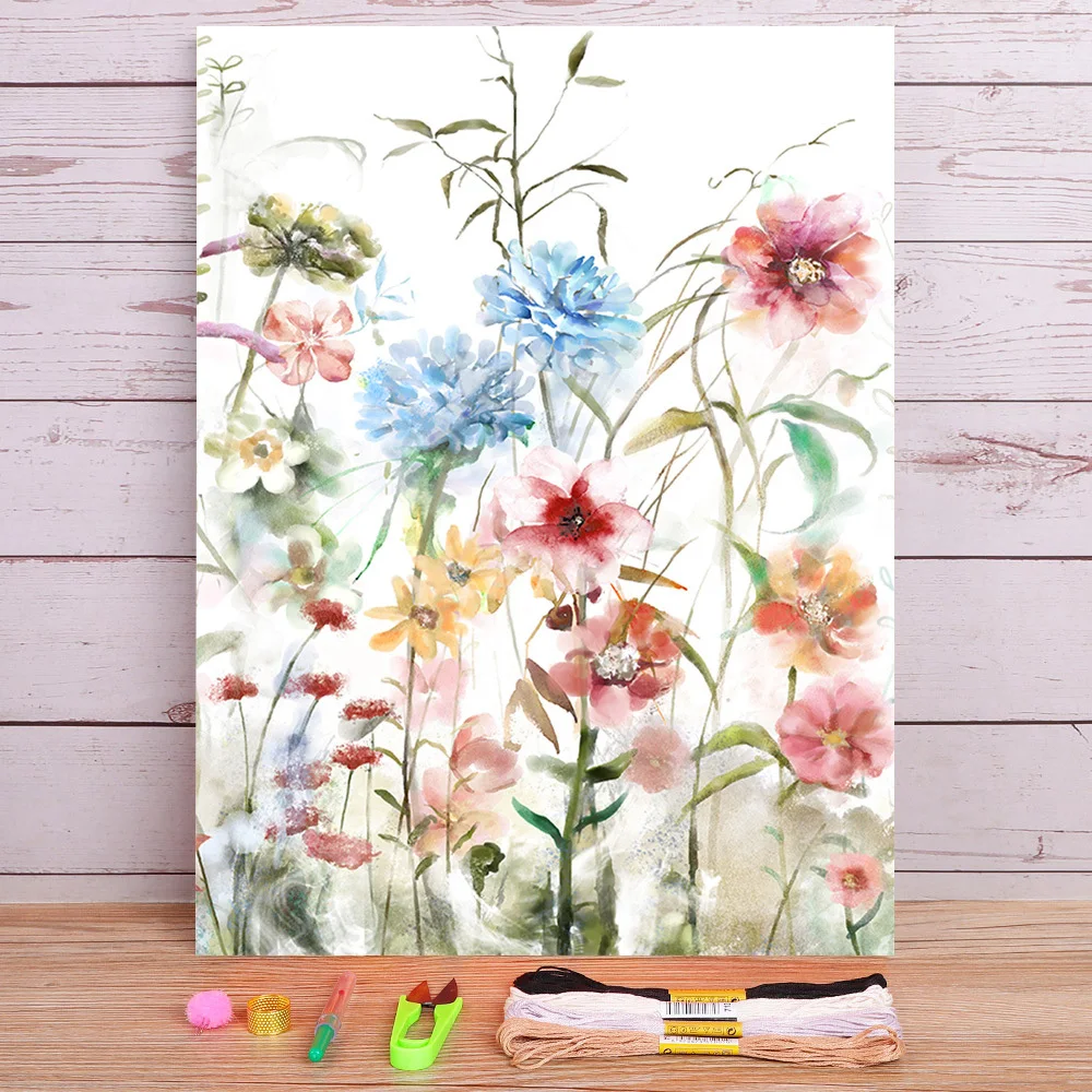 

Flower Pink Grey Floral Nordic Pre-Printed 11CT Cross-Stitch DIY Embroidery Set DMC Threads Handicraft Needlework Design
