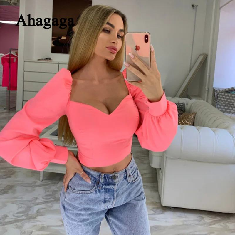 2019 осенние короткие футболки женские модные однотонные неоновые розовые с