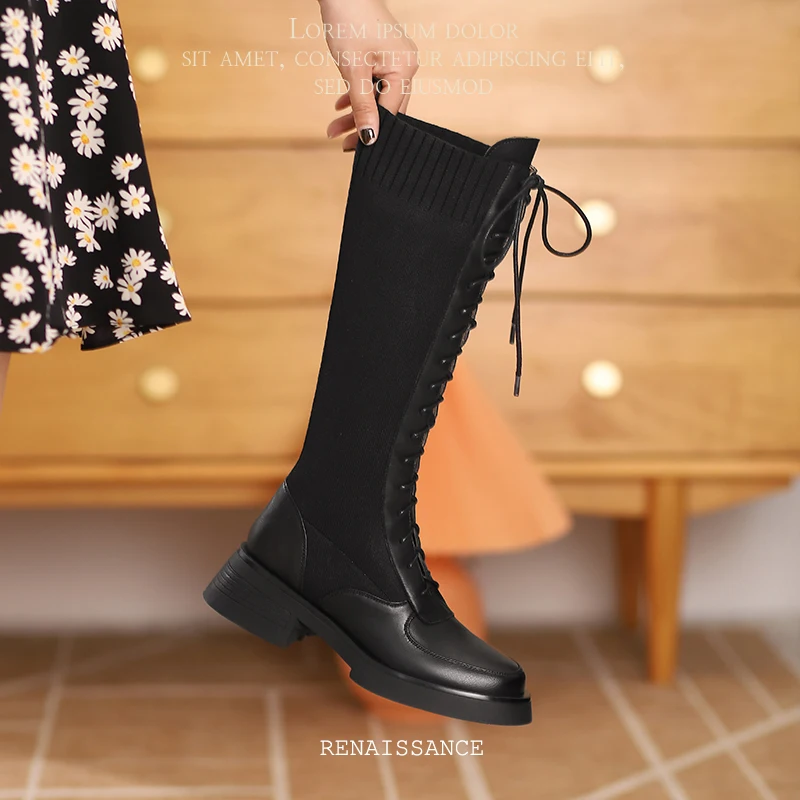 Murah Sepatu Bot Setinggi Lutut Mode Baru 2022 Sepatu Kulit Asli Sepatu Bot Elastis Hak Tinggi Bertali Sepatu Bot Platform Musim Dingin Wanita Ujung Bundar