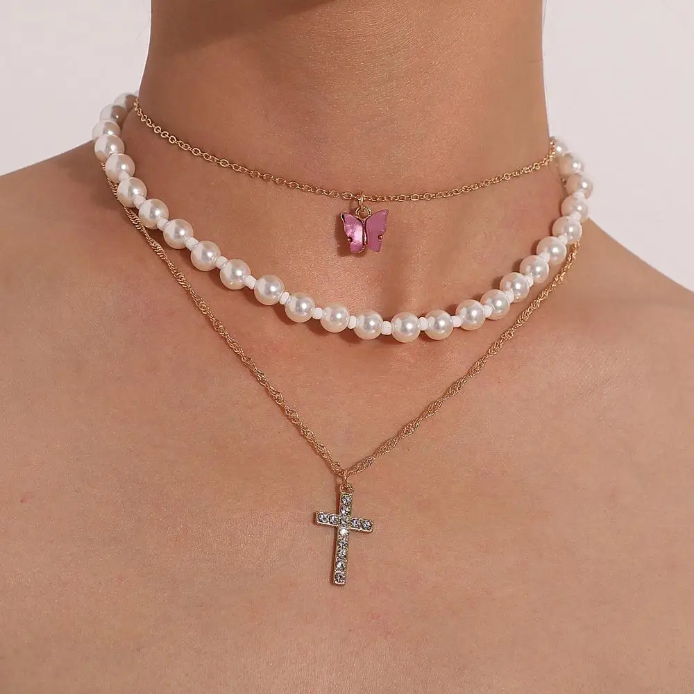 

Bohemia Imiation Pearl Chains Neckalce for Women Layered Thin Clavicle Chain Butterfly Pedant Necklace Rhinestone Cross Choker