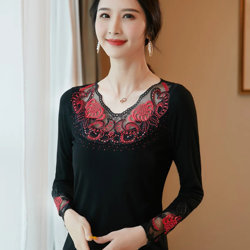 

FGLAC Women blouse shirt Fashion casual long sleeve autumn blouse elegant hollow out Mesh tops plus size women tops and shirt