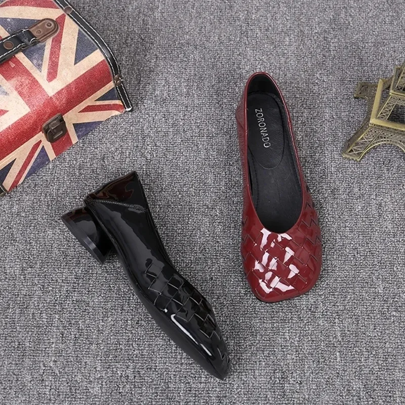 

Soft Shiny Leather Low Heel Shoes Woman Square Toe Woven Pumps Women Shoes Summer Mules Loafers Slip On Shoes Lady Office Shoes