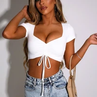 lace up front t shirts summer women short sleeve crop tops casual sexy solid color low cut skinny basic tees party streetwear