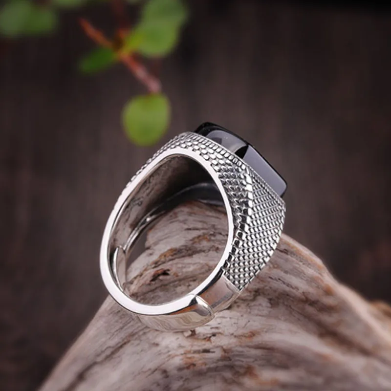 Кольцо с черным камнем для мужчин и женщин серебро 925 пробы открытый размер