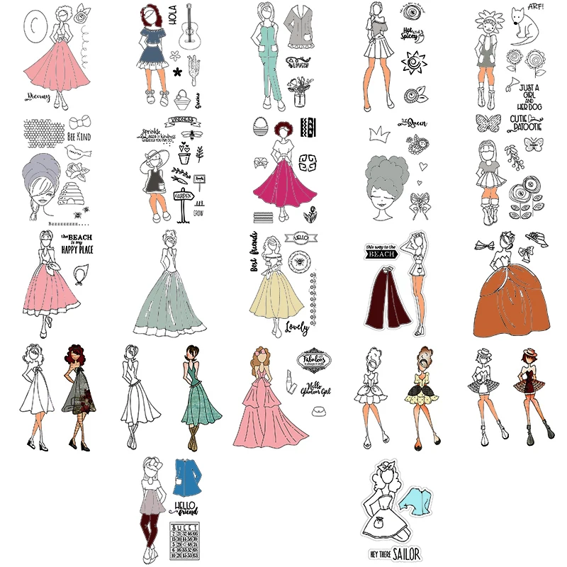 

Clear Stamps Fashion Girl Figure Various Boho Dress Clothing Hairstyle Headwear Hats Flowers DIY Craft Paper Cards Scrapbooking