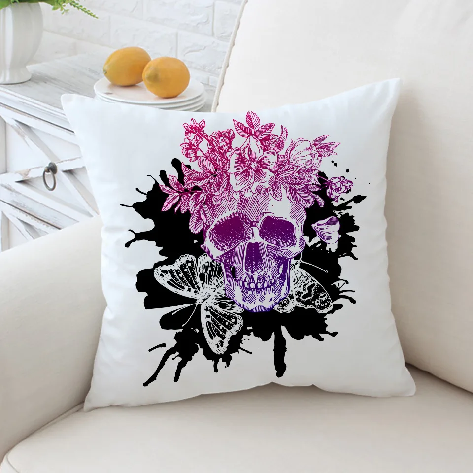 Наволочка в стиле ретро с изображением черепа скейтборда бабочки разноцветная