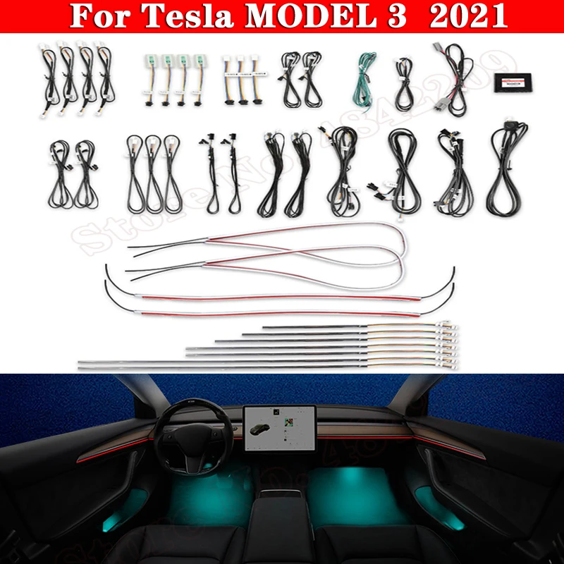 

For Tesla MODEL 3 2021 Car Ambient Light Set Button Control Auto Decorative LED 64 colors Atmosphere Lamp illuminated Strip