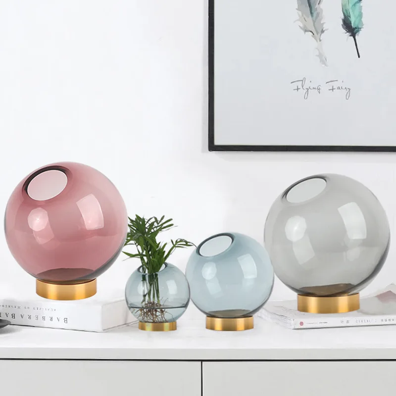 

Nordic Style Gold Metal Edge Round Glass Vase Home Soft Decoration Aesthetic Table Hydroponic Flower Ornaments Cute Room