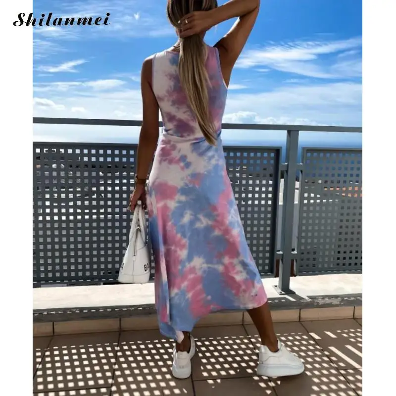 

Tie Dye Dresses Women Summer Casual Side Slit Loose Dress 2020 Sexy Club Elegant Vestidos Ladies Long Beach Dress Tie-Dying XXL