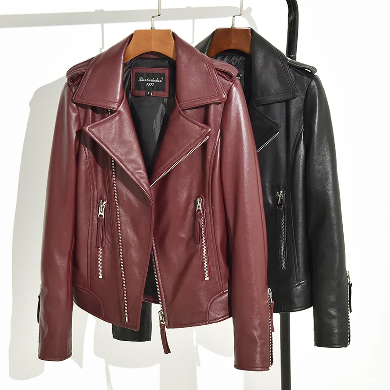 2021 Casual Women Genuine Leather Jacket Natural Real Sheepskin Female Autumn Winter Motorcycle Punk Coat Outerwear Tops Black