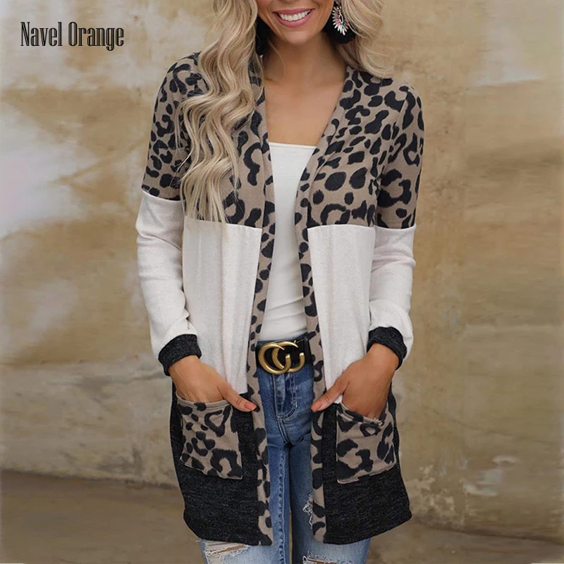 

Женский длинный кардиган с леопардовым принтом, повседневный Свободный кардиган с V-образным вырезом и длинными рукавами в стиле пэчворк, в...