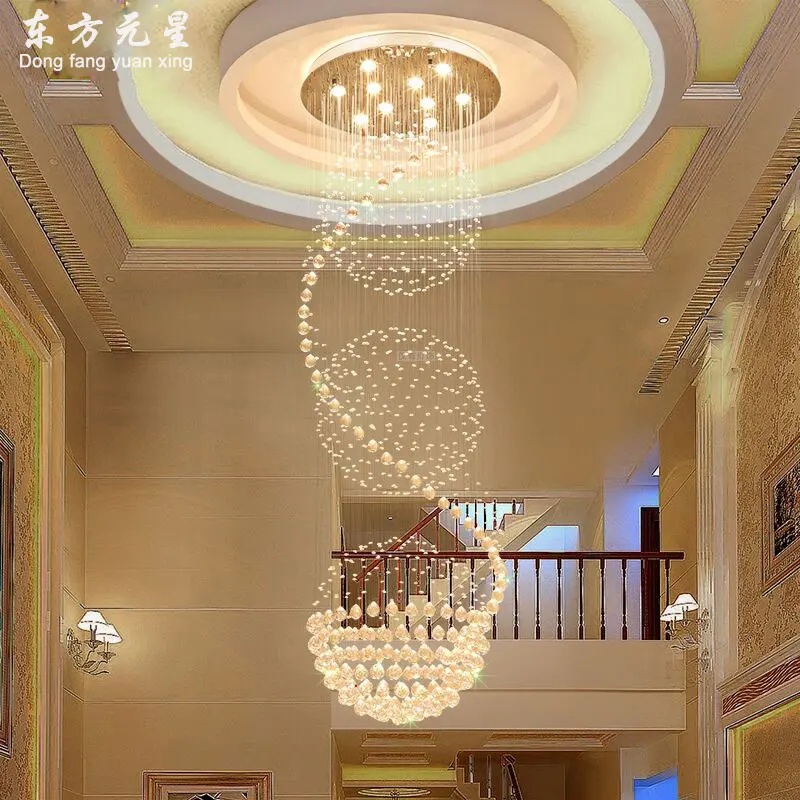 Satin Al Modern LED Kristal Avize Aydınlatma Spiral Merdiven Lambası Uzun Tel Droplight Villa Salonu üç Top Merdiven Boşluğu Dekoratif ışıklar
