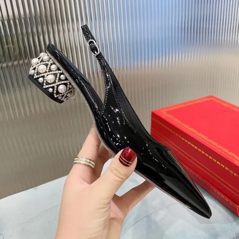 

Женские туфли со стразами, туфли на среднем каблуке с жемчугом и заостренным носком, черные Классические босоножки, весна-лето 2021
