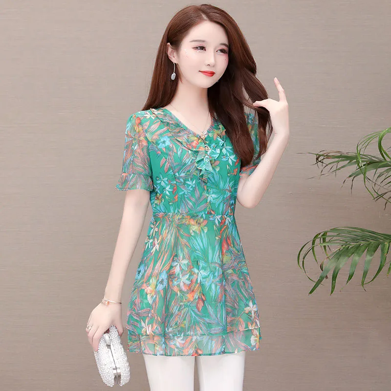 

2021 Women Casual Chiffon blouses Shirts Lady Summer Style V-neck Flower Printed Long Blusas Tops