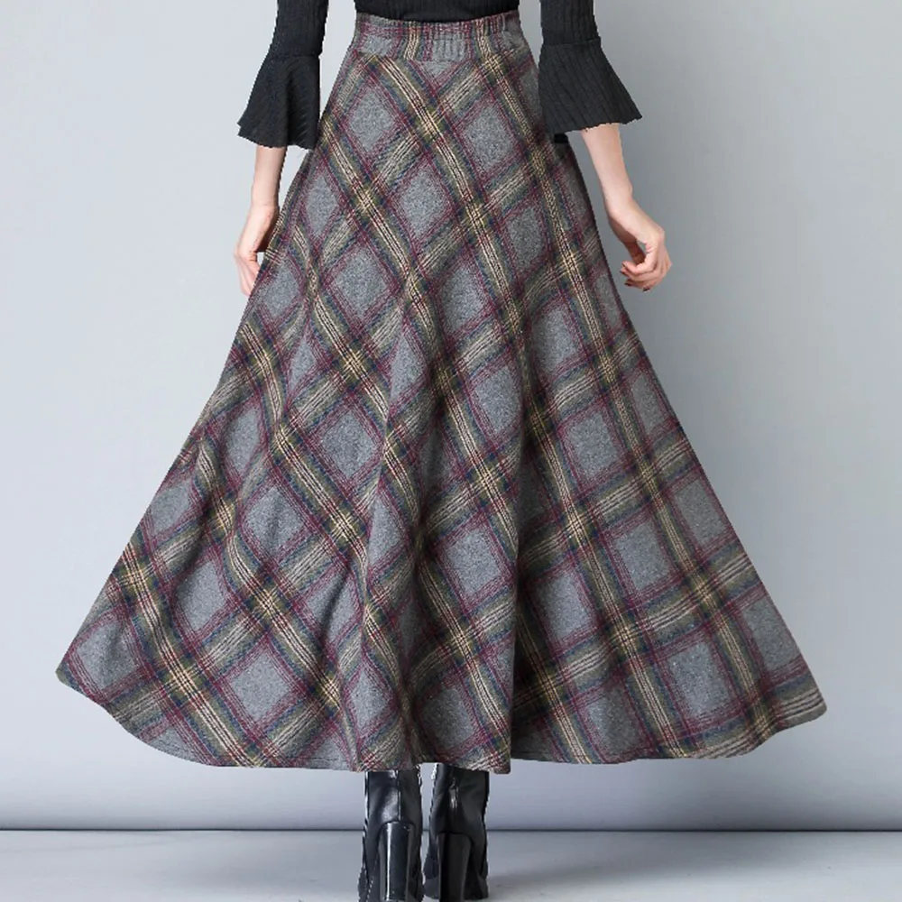 Осень зима теплая XXL Клетчатая Шерстяная Юбка Высокая талия для женщин