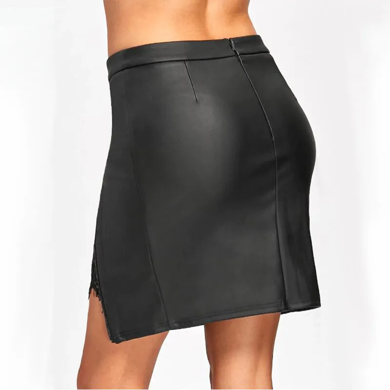

New Arrival Sexy Leather Pencil Skirts Office Lady Lace Patchwork Bodycon Leather Skirts Fashion High Waist Zipper Black Skirts