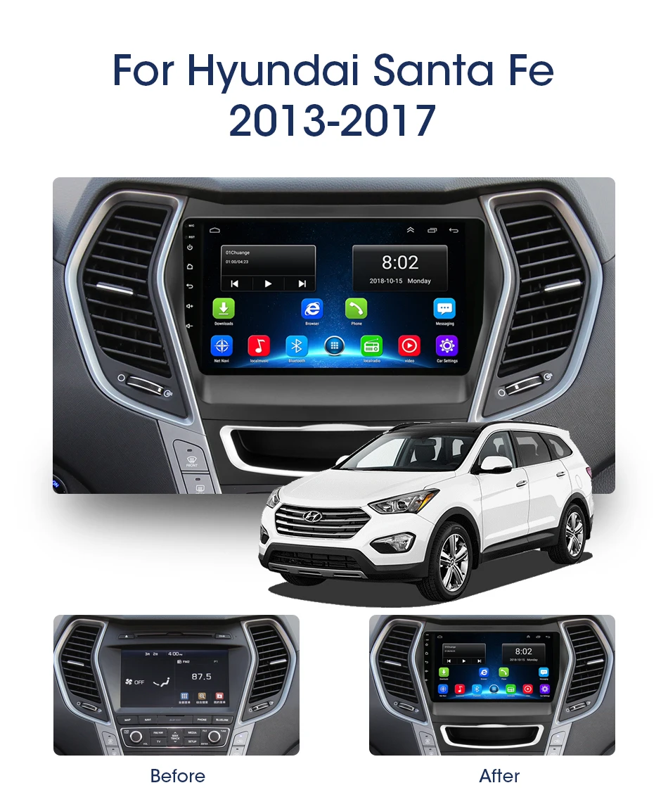 Jansite " Автомобильный радиоплеер для hyundai Santa fe 2013- Авторадио Android 2G+ 32G Сенсорное зеркало-link плееры с рамкой