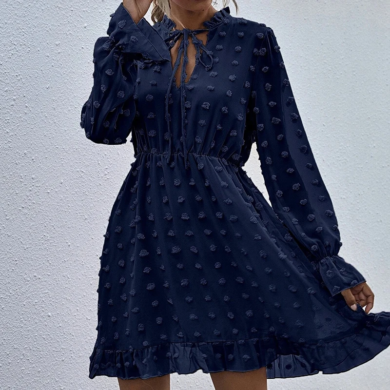 

Spring Women Dress Long Sleeve V Neck High Waist Ruffles Dresses Casual Knee Length Solid Color Fashion Female Vestidos 2021