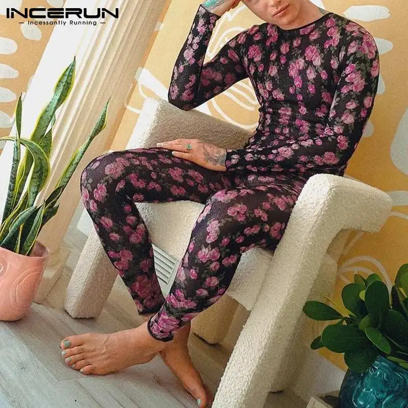 

Fashion New Men's See-through Onesies Comfortable Homewear INCERUN Male Long Sleeves Hot Sale Body Suit Pajamas Jumpsuits S-5XL