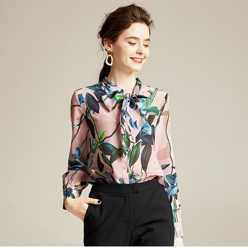 Женская блузка из натурального шелка элегантная офисная с длинным рукавом и
