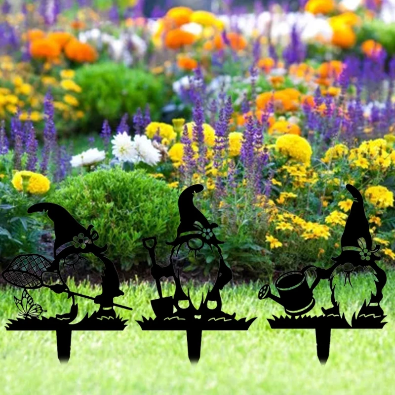 

3 Pcs Metal Elf Garden Stakes Silhouette Pile Shadow Dwarf Hollow Insert Cards